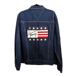 VintageTommy Hilfiger 90s Spell Out Bling Flag Patch Jean Jacket Size 2X EUC